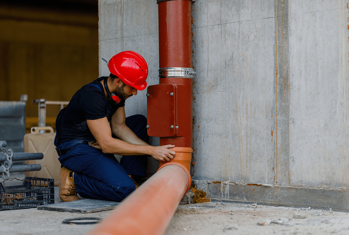 Plumber adjusting red pipe connection