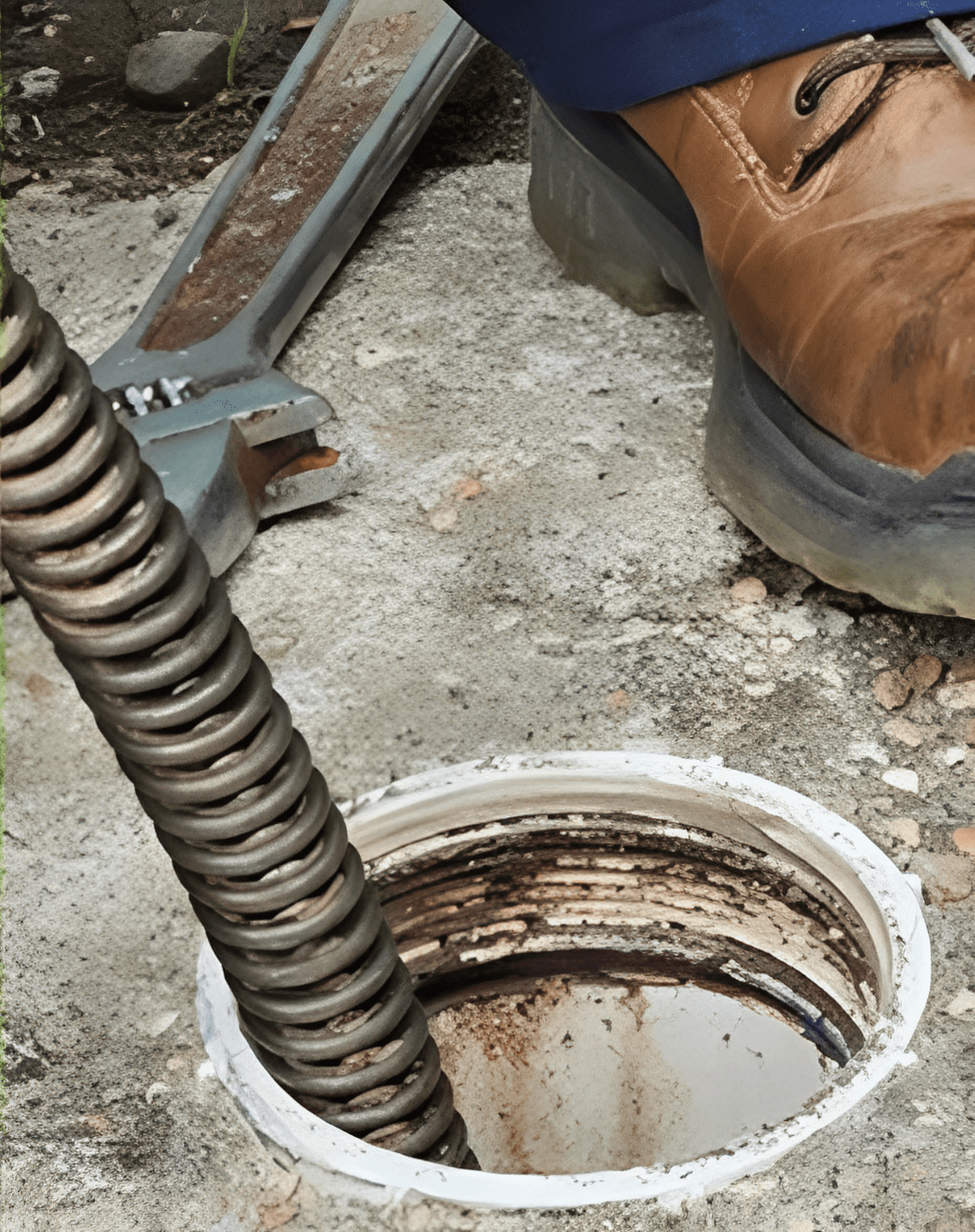 Worker clearing clogged drain pipe