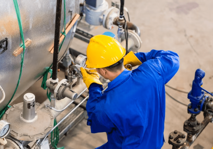 Worker checking machinery in factory